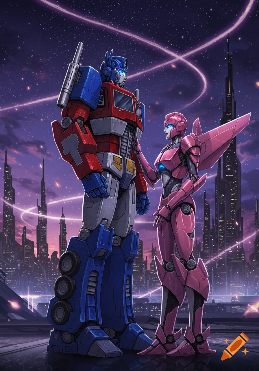 Optimus Prime stands with a pink female Transformer, Arcee, against a futuristic city skyline and starry night sky.