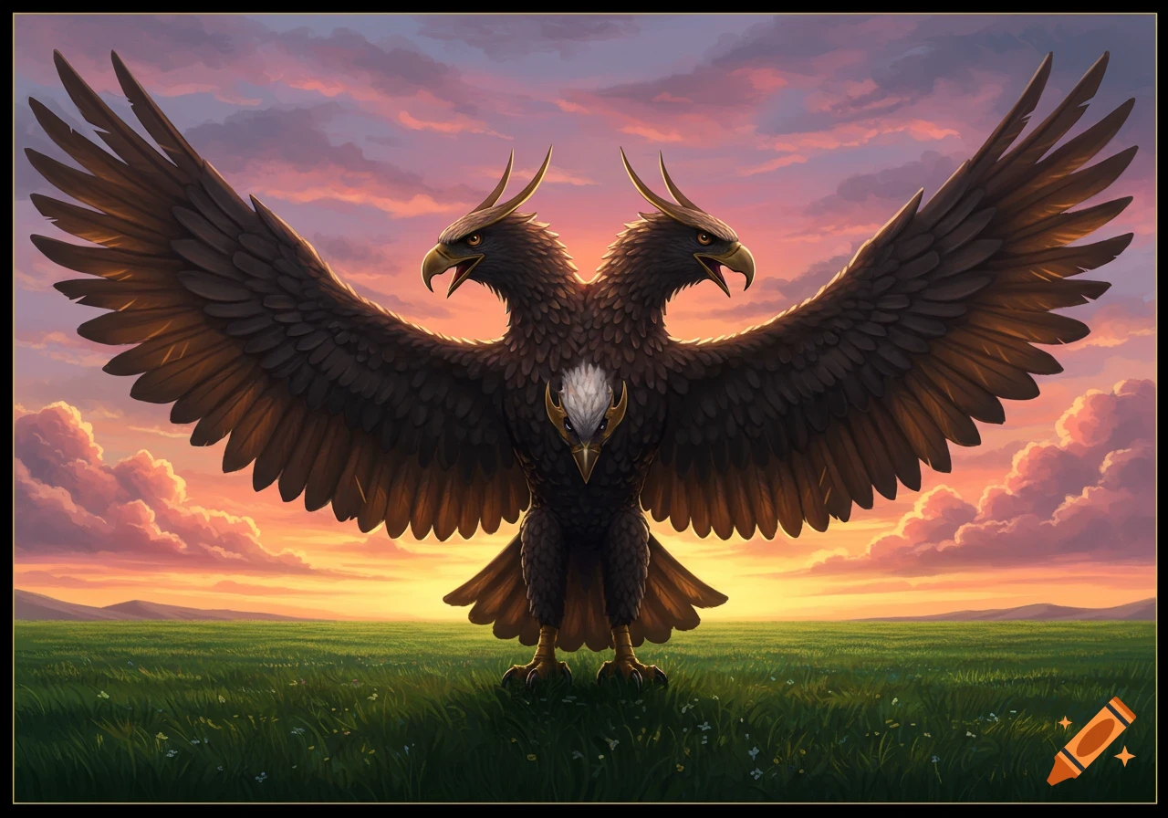 A majestic two-headed eagle-like creature with large wings stands in a green field under a vibrant sunset sky.
