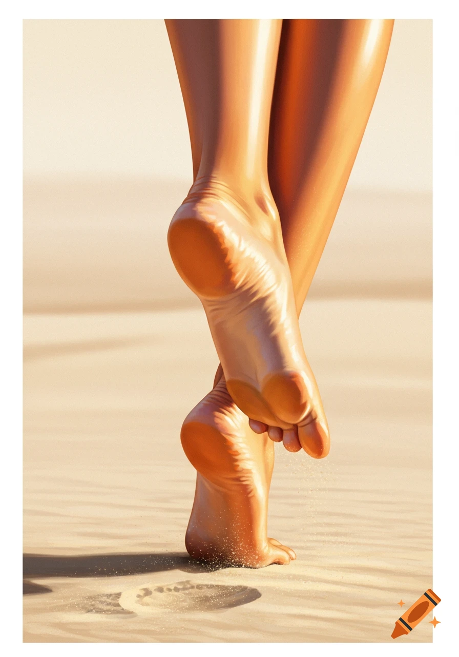 Close-up of a person's tanned legs and bare feet standing on light-colored sand, with sunlight highlighting the skin.