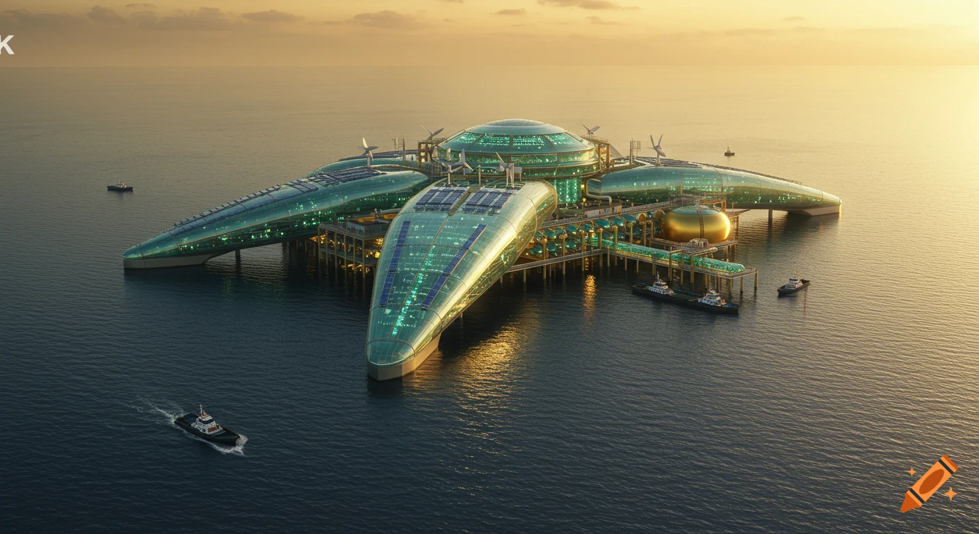 Aerial view of a futuristic, metallic-glass offshore megastructure with solar panels and wind turbines on a calm sea at golden hour, surrounded by service boats.