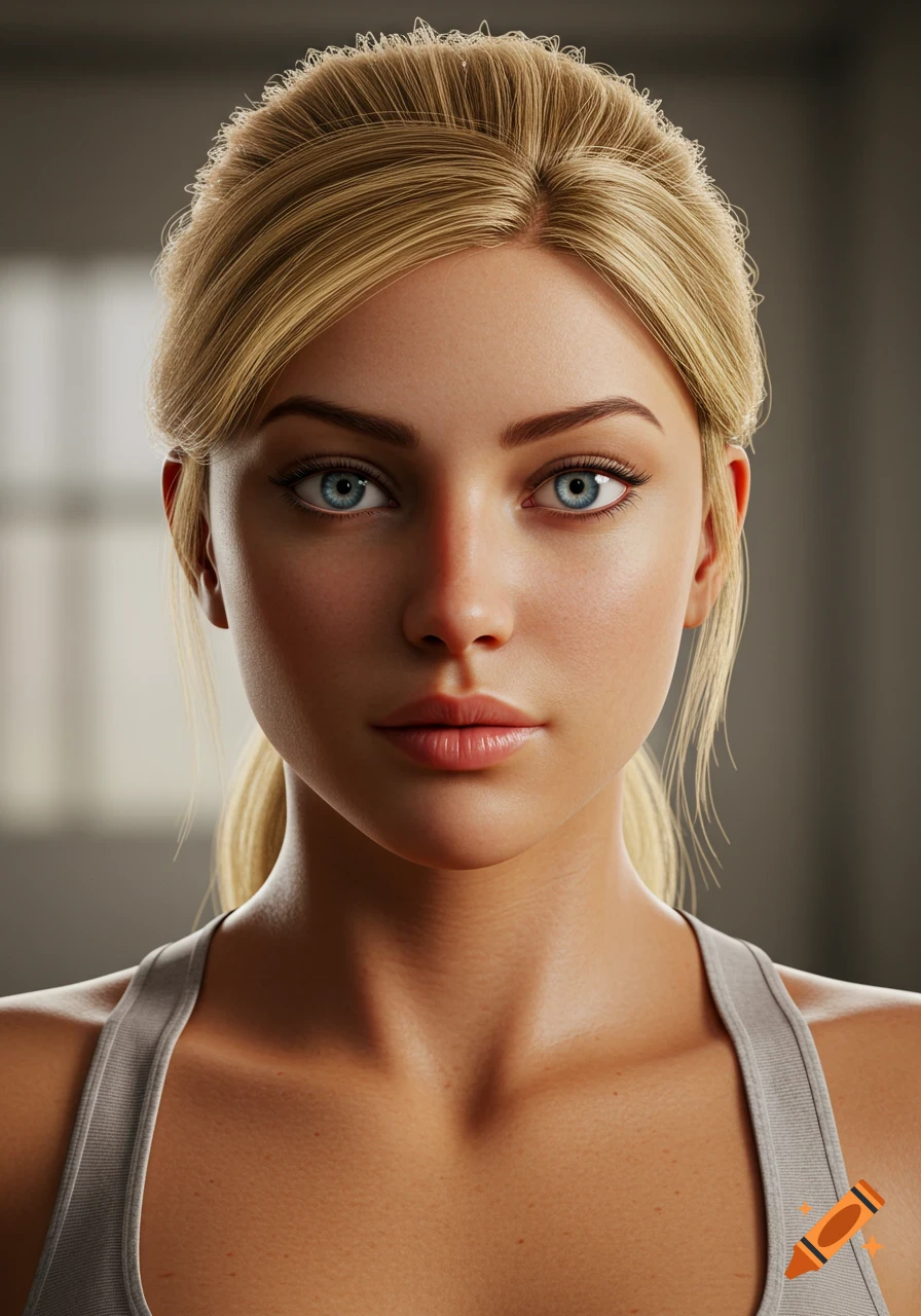 Photorealistic head-on portrait of a blonde woman with blue eyes, hair in a ponytail, wearing a gray sports top.