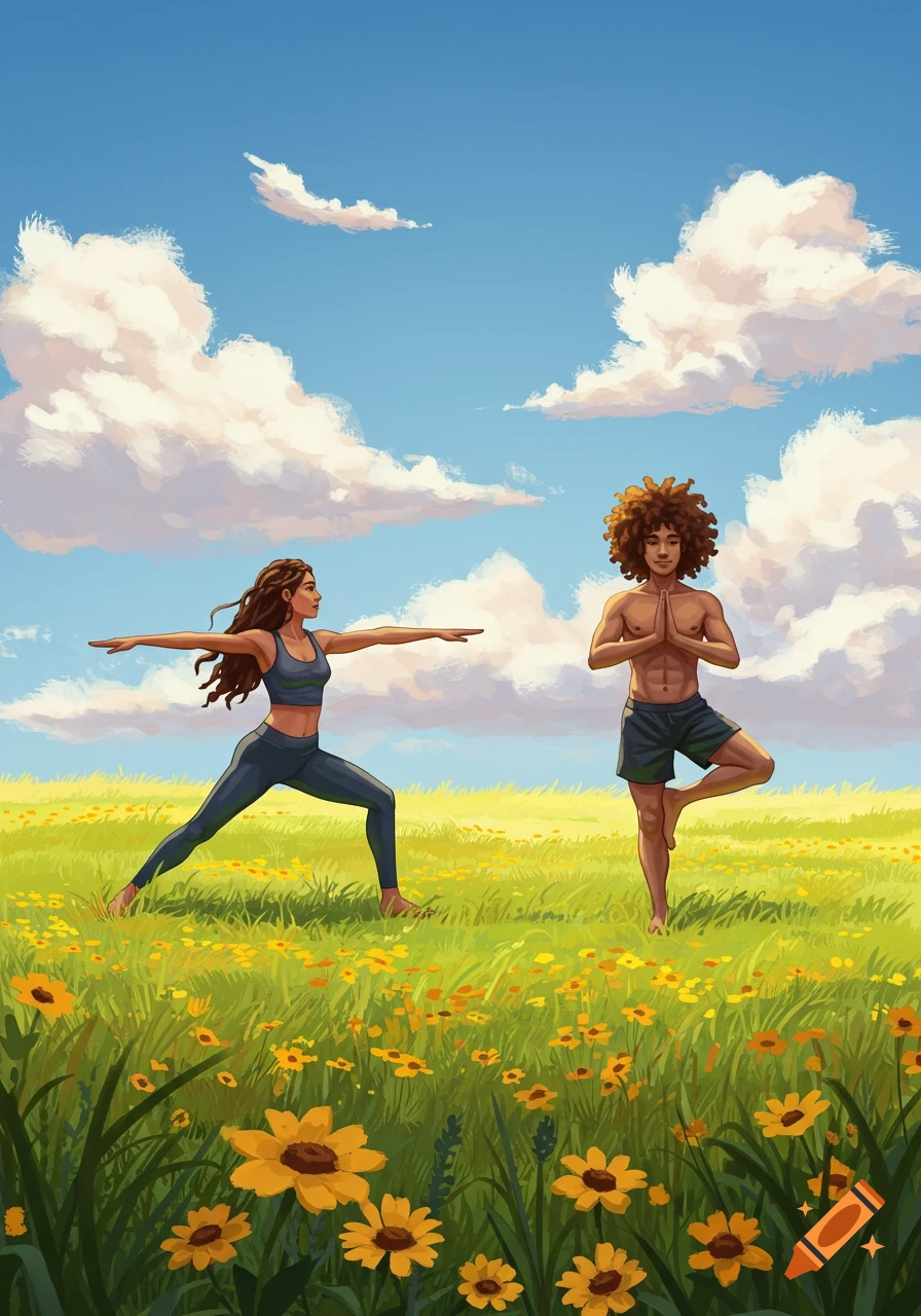 A man and a woman performing yoga poses in a sunny, flower-filled meadow under a blue sky, in an illustrative style.
