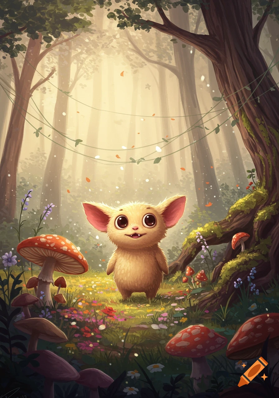 A cute, furry, big-eared monster with large black eyes stands in a vibrant, illustrated fantasy forest filled with colorful flowers and mushrooms.