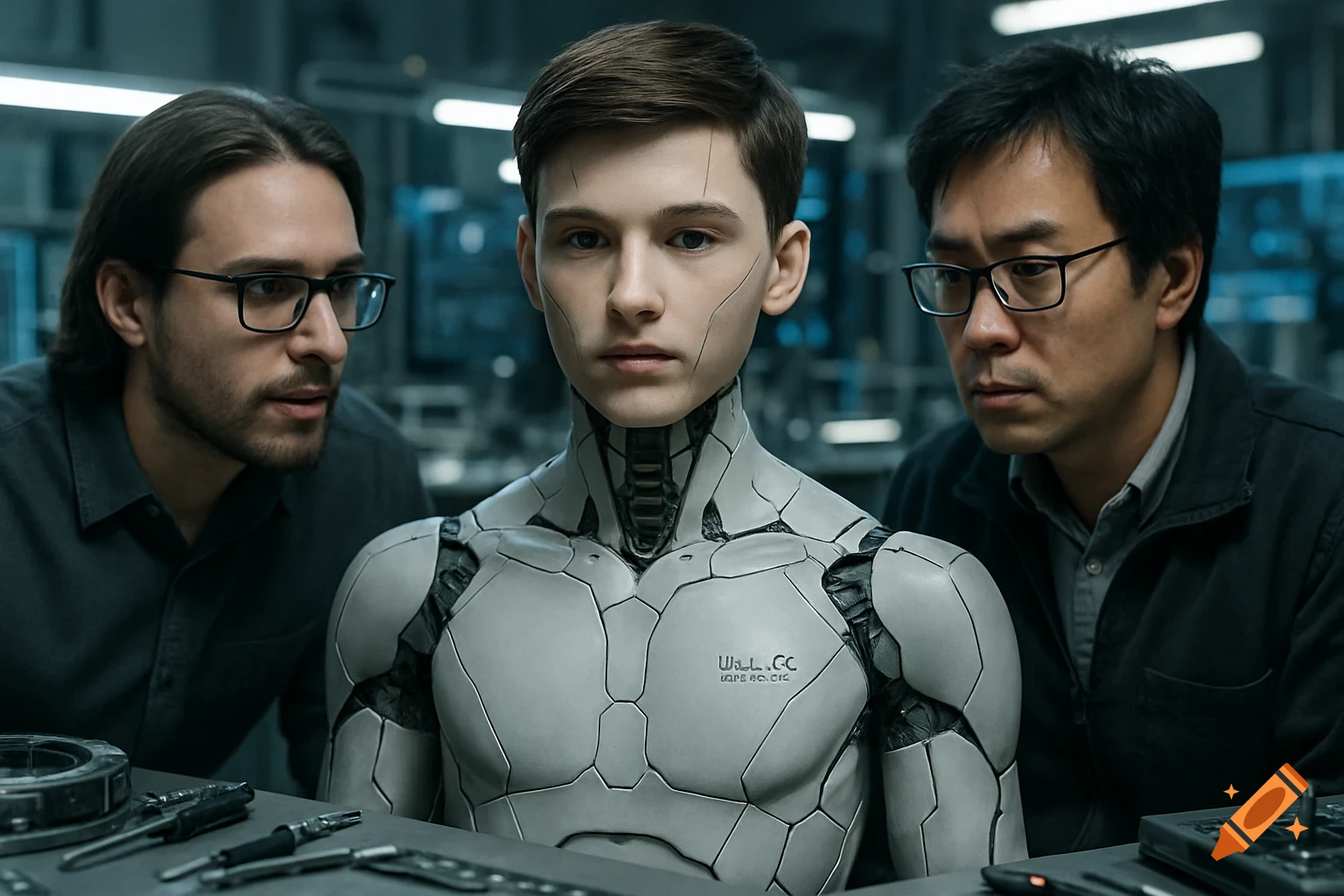 Two computer geeks examine a lifelike male android with marked skin and exposed internal mechanisms in a futuristic lab.