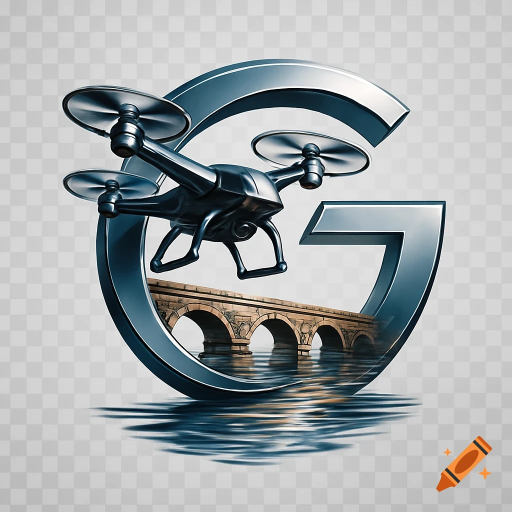 A 3D metallic G logo with a modern drone hovering over an arched bridge reflected in water on a transparent background.