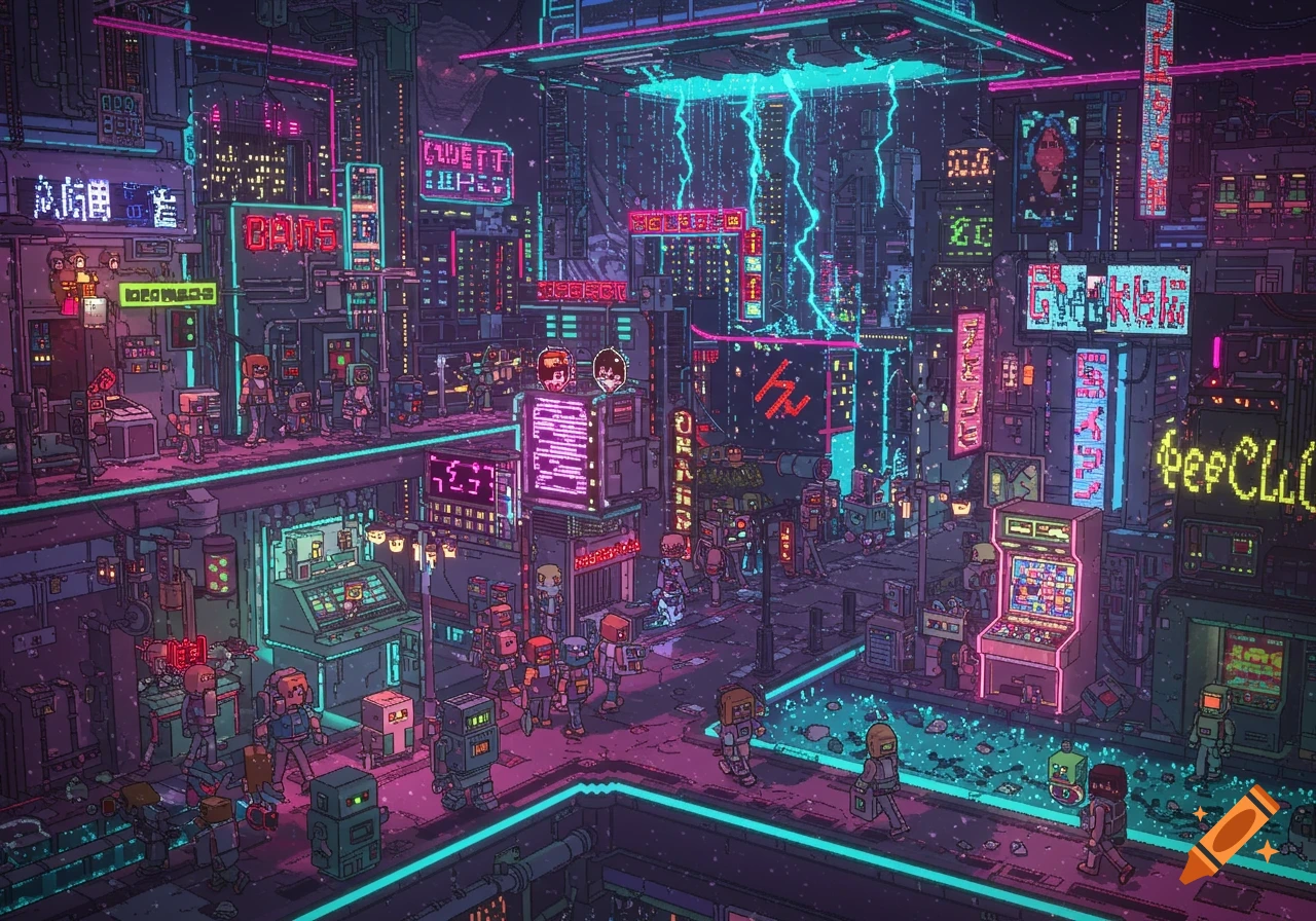 A vibrant pixel art cityscape at night, with towering futuristic buildings adorned with bright neon lights in shades of pink, purple, and blue. Small pixelated characters and robots walk on multi-level platforms, with lightning striking from above.