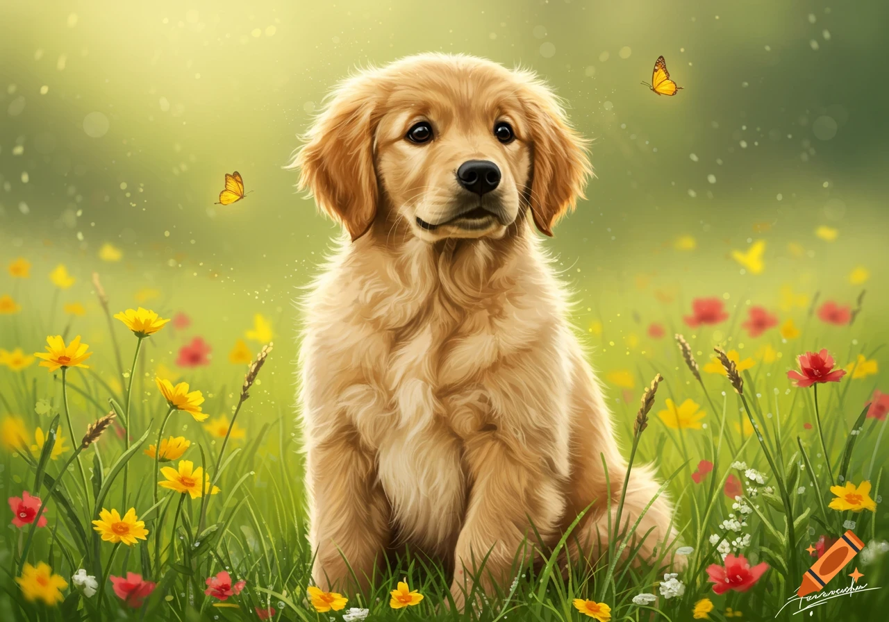 A fluffy golden retriever puppy sits amidst colorful wildflowers and green grass, with two yellow butterflies in a sunny, illustrative style.