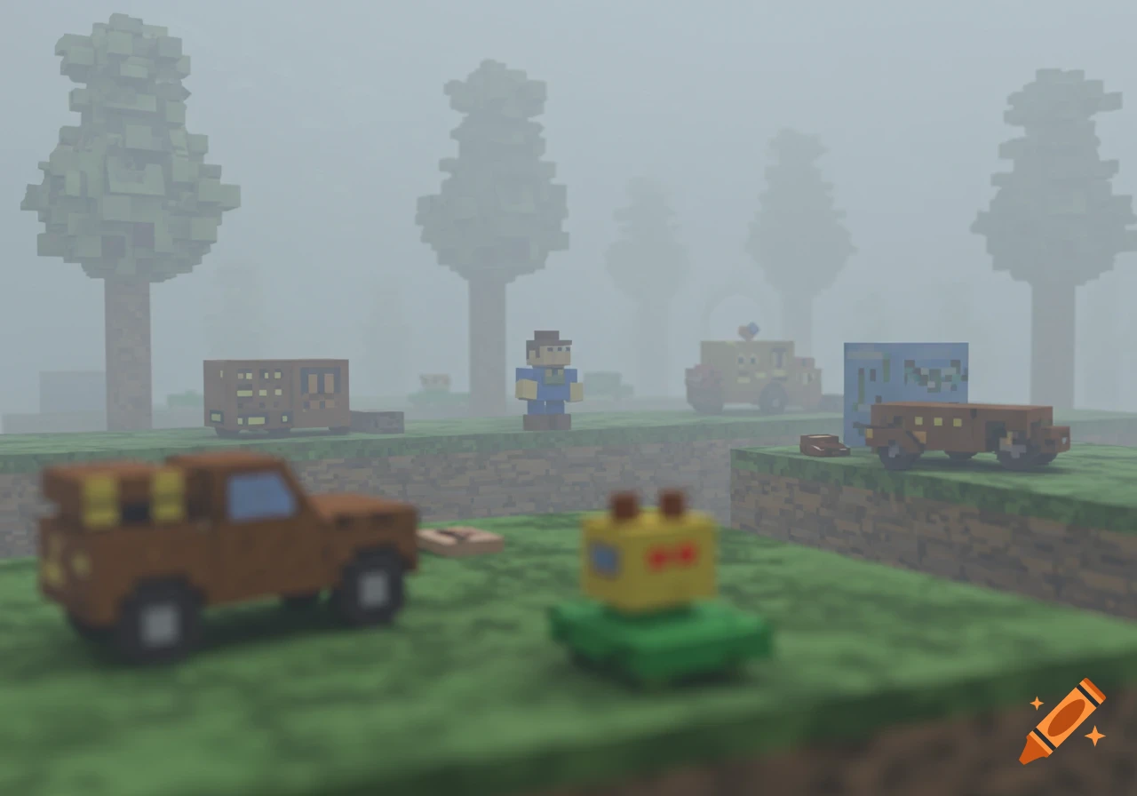 A pixelated video game scene featuring blocky characters and vehicles on grassy platforms in a foggy landscape, reminiscent of an N64 game.
