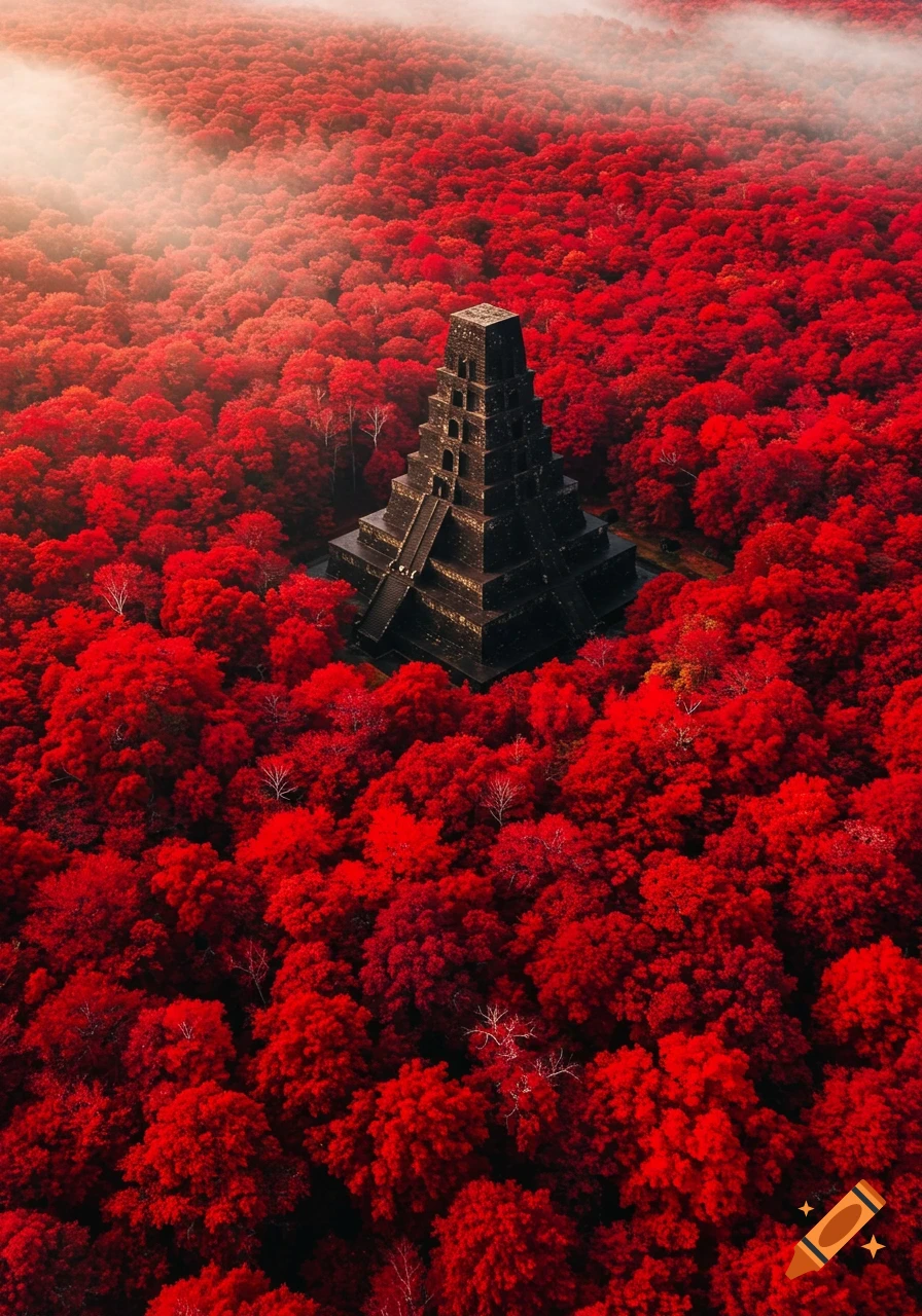 An aerial view of a dark ziggurat surrounded by a vibrant, dense forest of crimson red trees under a misty sky.