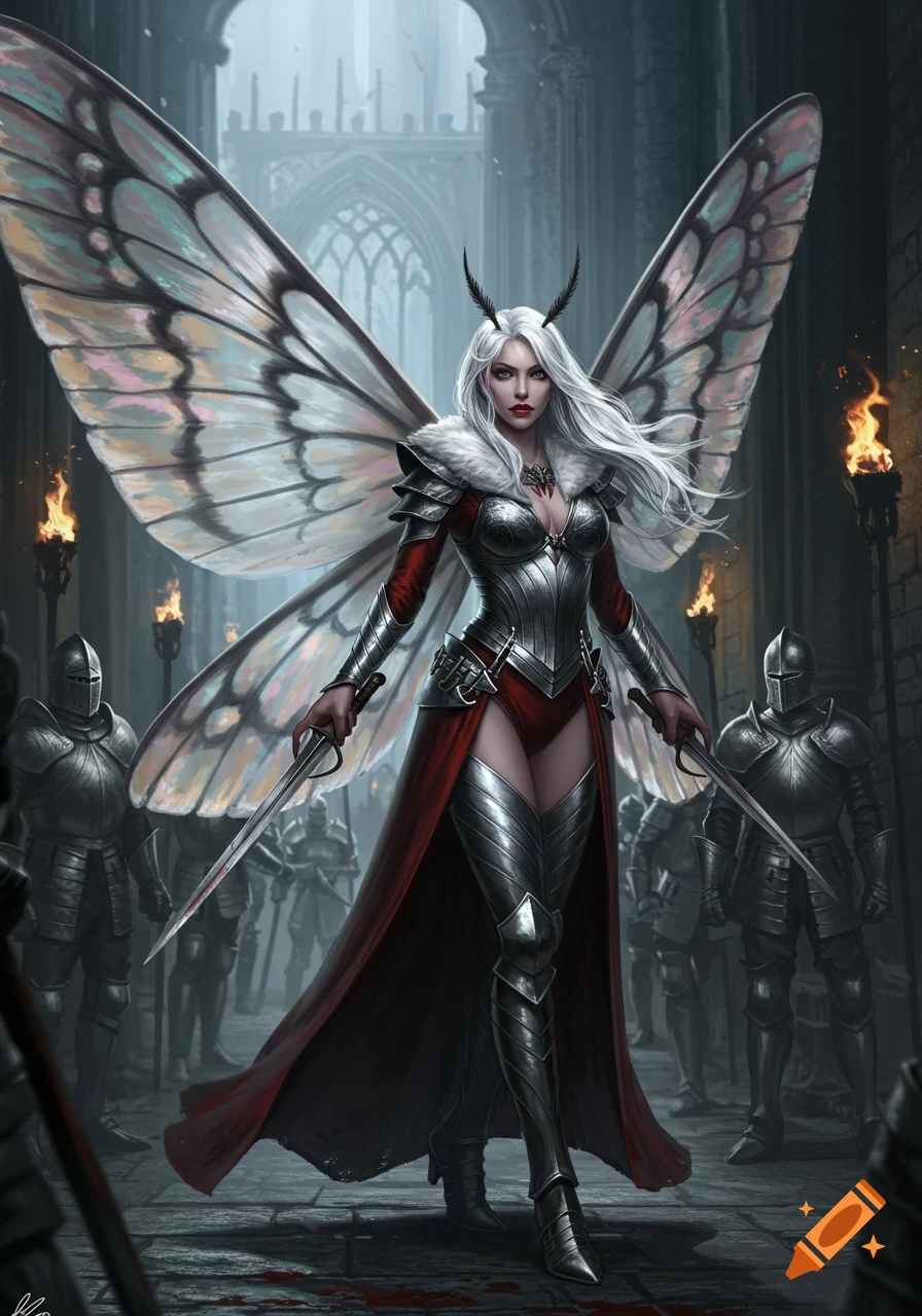 A white-haired female warrior with large moth wings and silver armor, holding two swords, leads a group of armored guards through a gothic castle hall.
