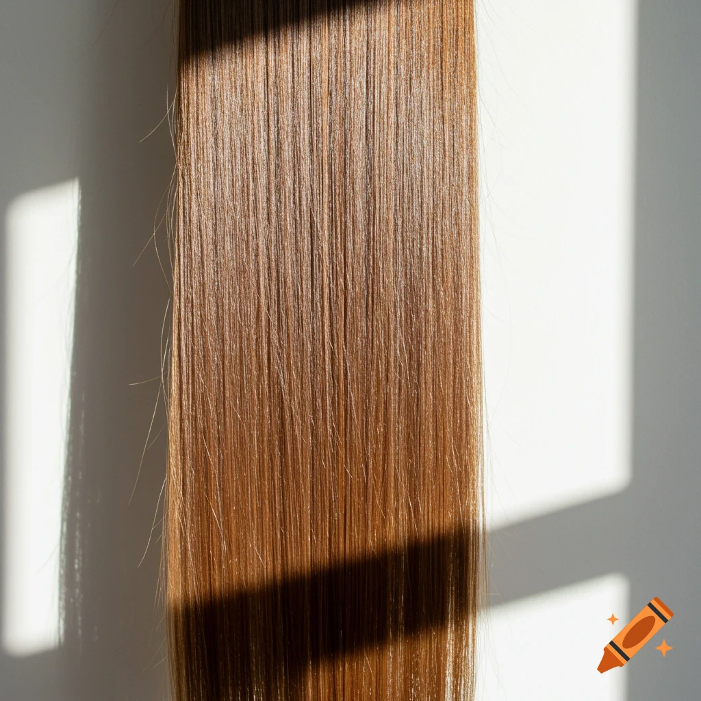 Close-up of straight, shiny brown hair against a white background with sun shadows.