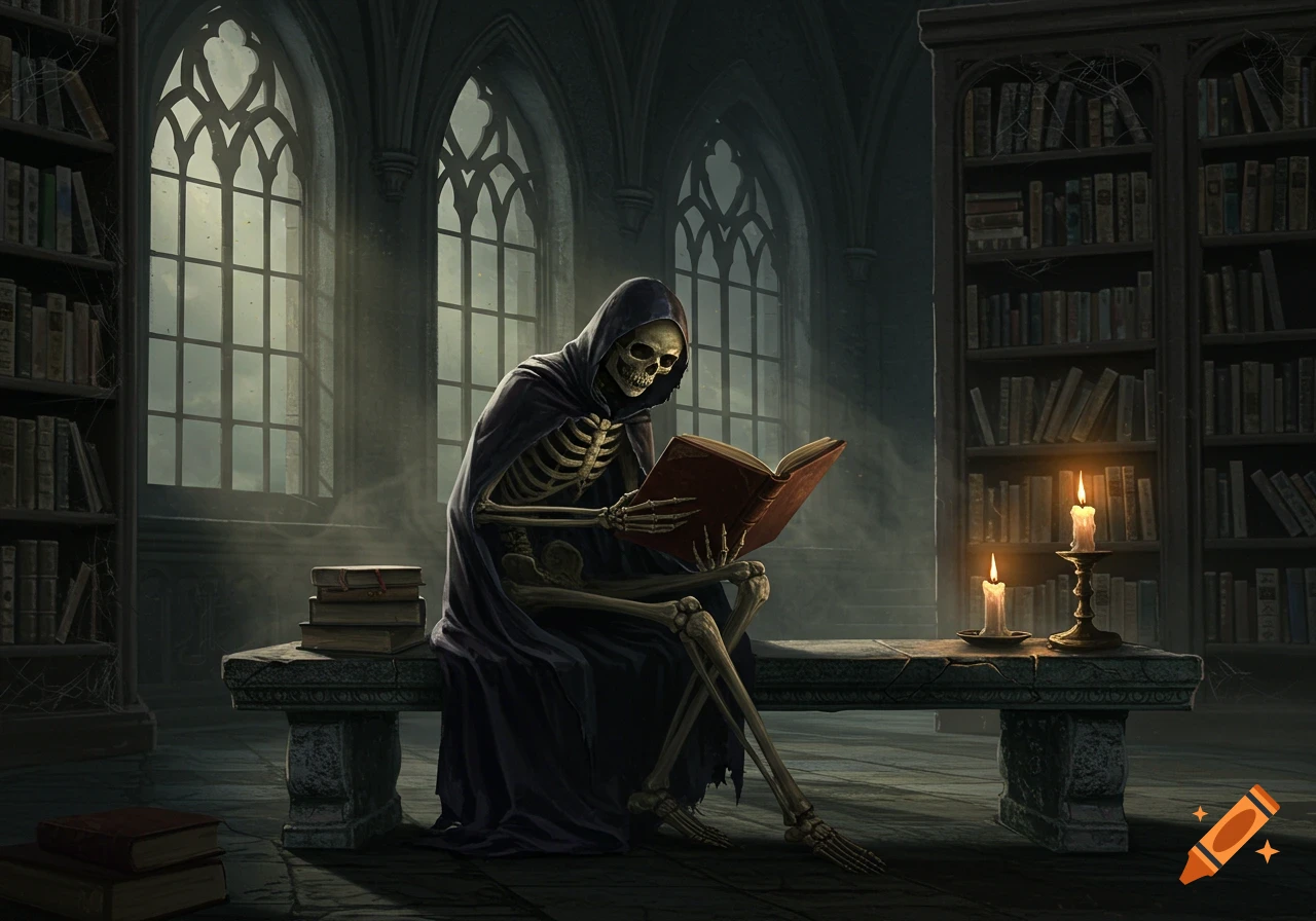 A skeleton in a dark hooded robe sits on a stone bench, reading an open book by candlelight in a gothic library with large arched windows.