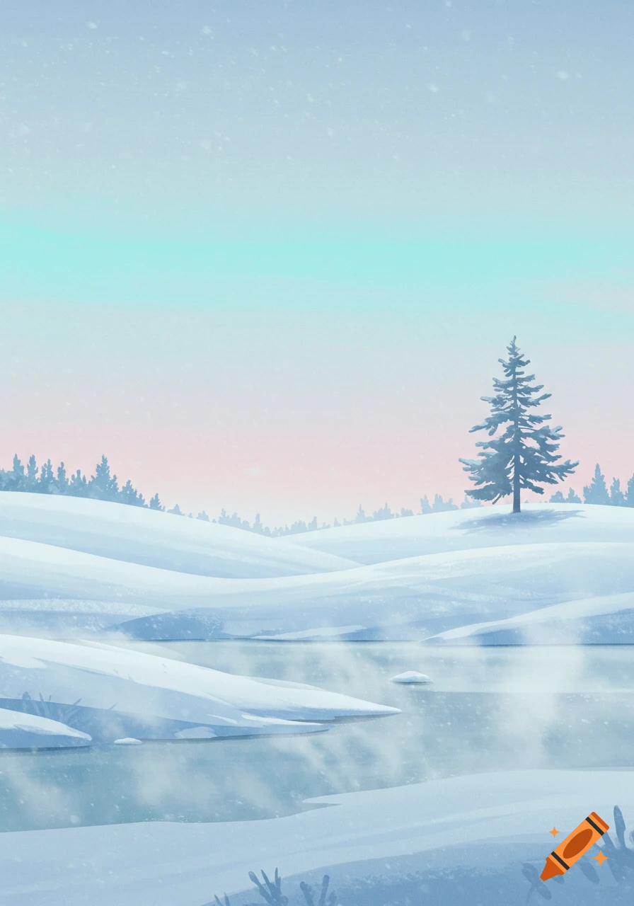 Stylized winter landscape with snow-covered hills, a frozen lake, distant trees, and a lone pine under a pastel sky.