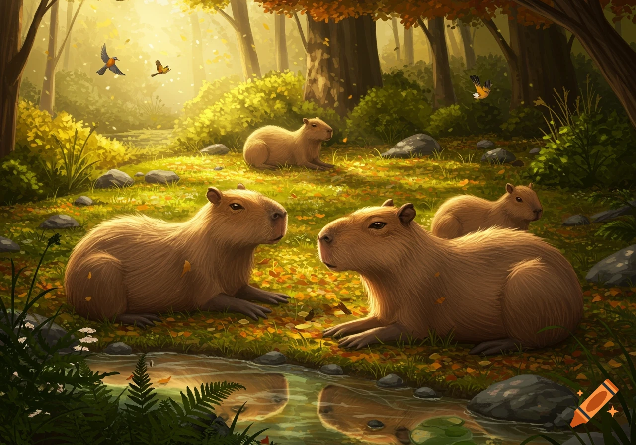 Four capybaras relax on a sunlit forest floor amidst green grass, autumn leaves, and a small stream, with birds flying overhead.