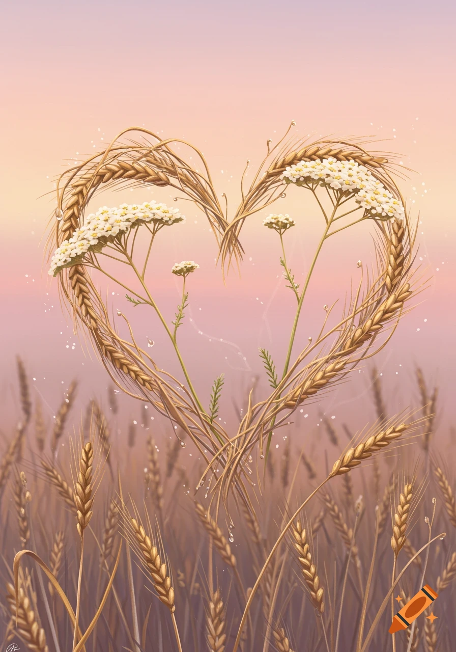 A heart shape made of intertwined wheat stalks and white yarrow flowers stands in a field of wheat under a soft pink and purple sky.