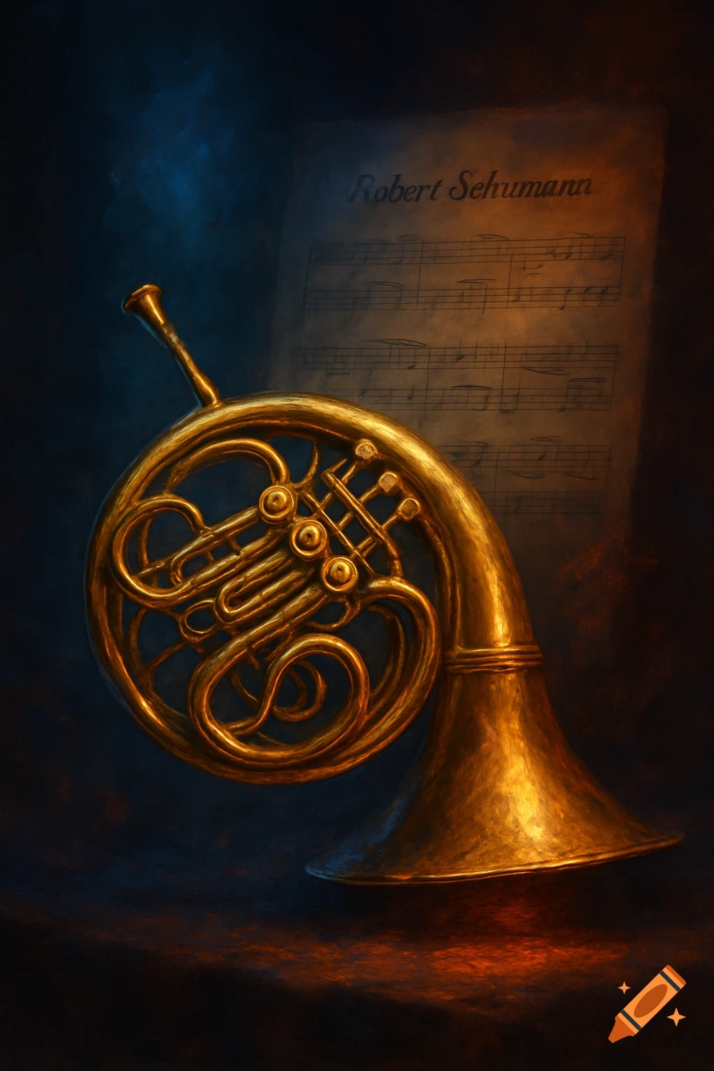 A dark, stylized painting of a golden French horn with sheet music and "Robert Schumann" in the background, lit by blue and red light.