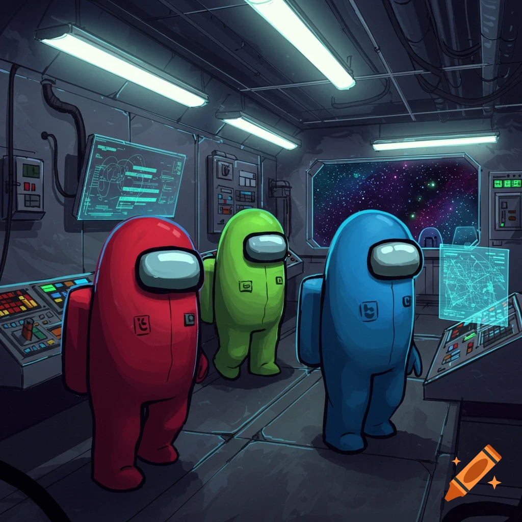 Red, green, and blue Among Us characters stand in a detailed spaceship control room with monitors and a window showing outer space.