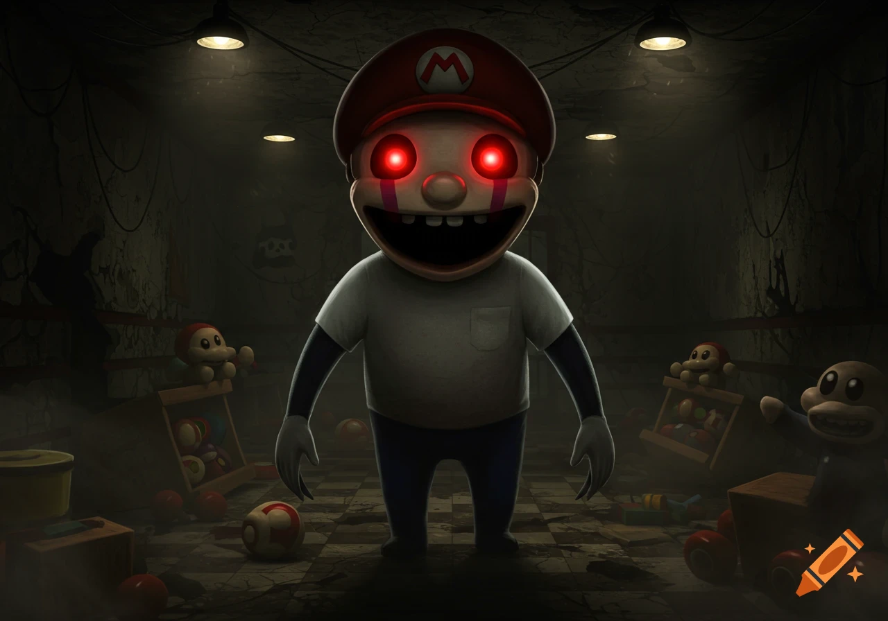 A creepy Mario-like character with glowing red eyes and a wide smile stands in a dark, toy-filled room.