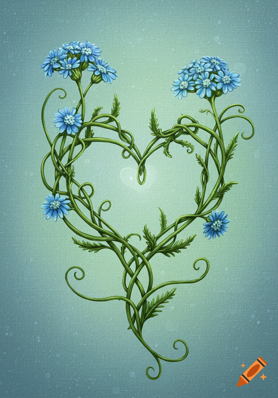 Green vines and blue flowers intertwine to form a heart shape on a textured teal background, in a whimsical illustration style.