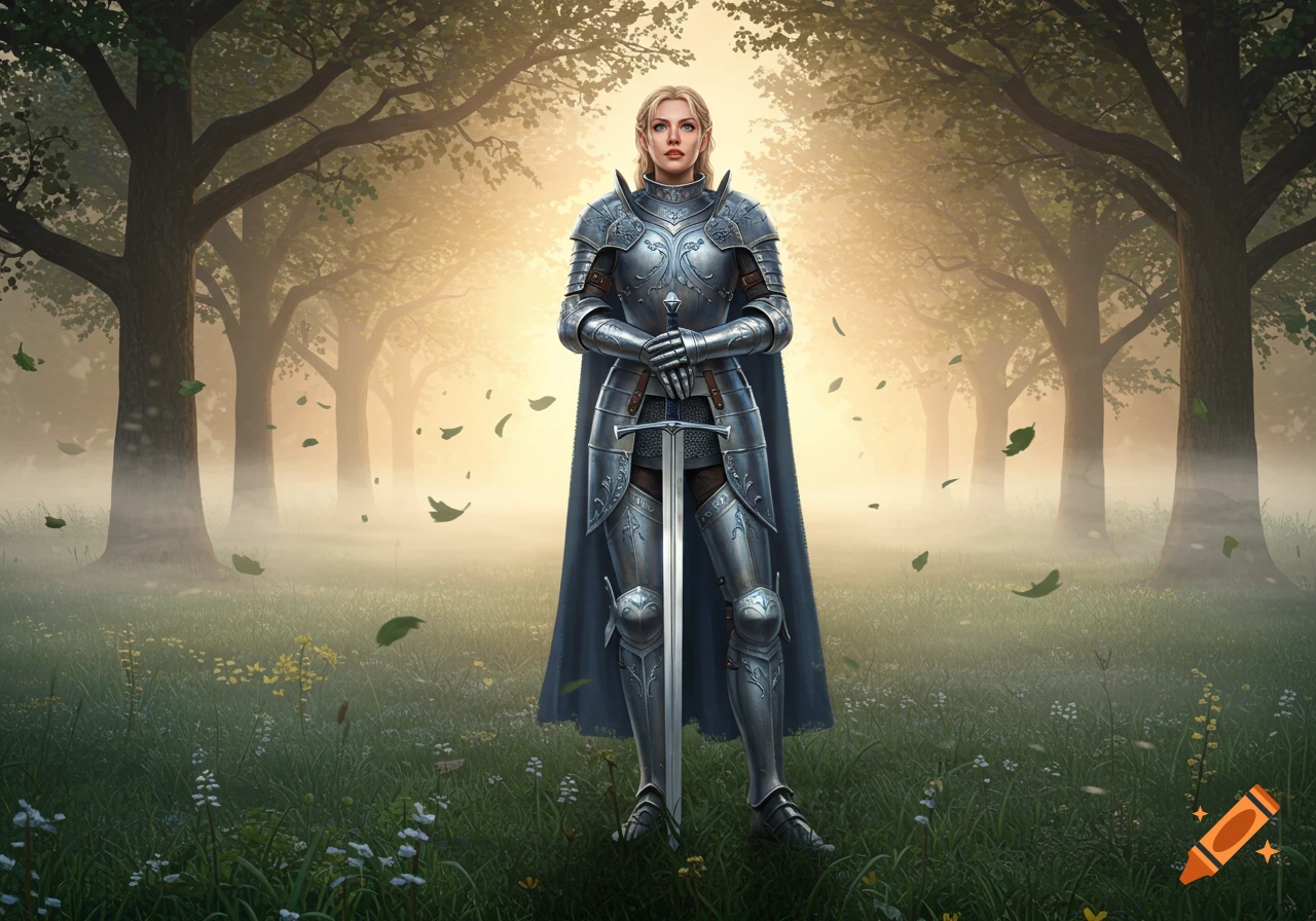 A female knight in shining armor stands with a large sword in a misty, sunlit forest with falling leaves.