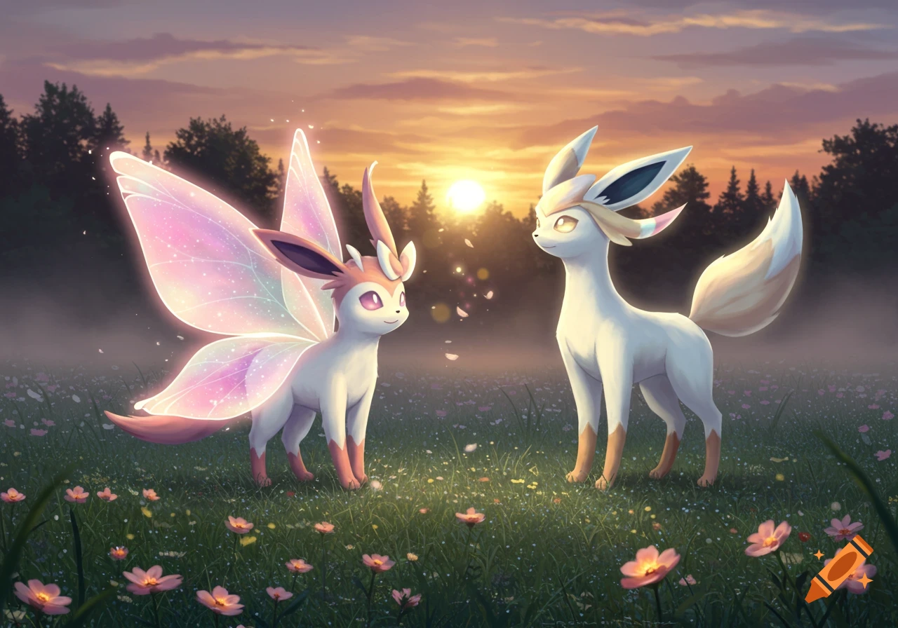 Two fantasy Eeveelution-like creatures, one with glowing pink butterfly wings, stand in a field of flowers at sunset.