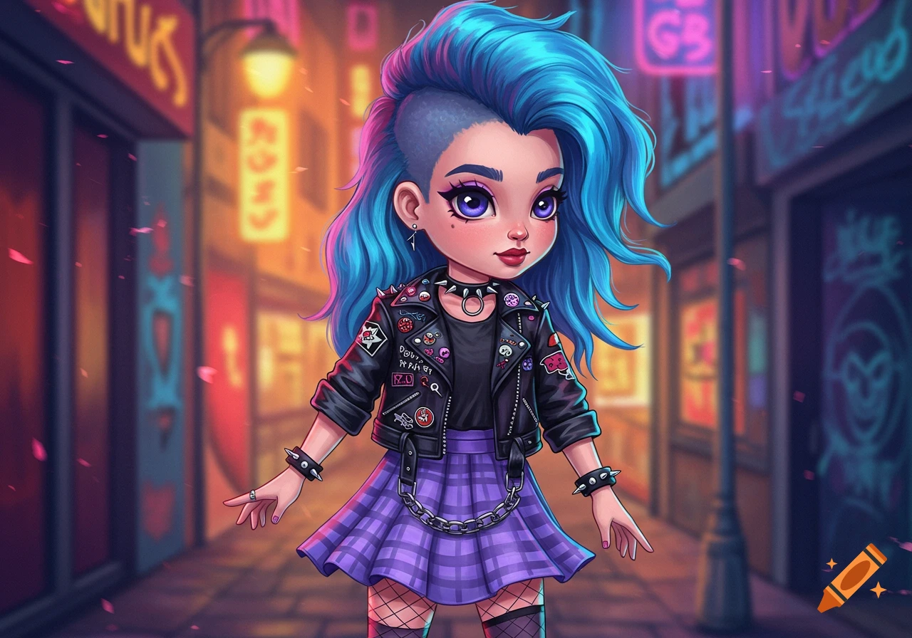 A cartoon punk girl with blue hair, mohawk, studded leather jacket, and plaid skirt stands on a neon-lit city street.