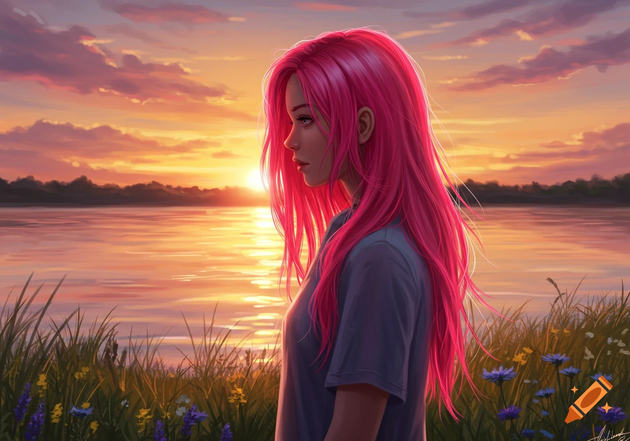 A woman with long, flowing pink hair stands in profile by a calm lake, gazing at a vibrant orange and pink sunset. Digital art.