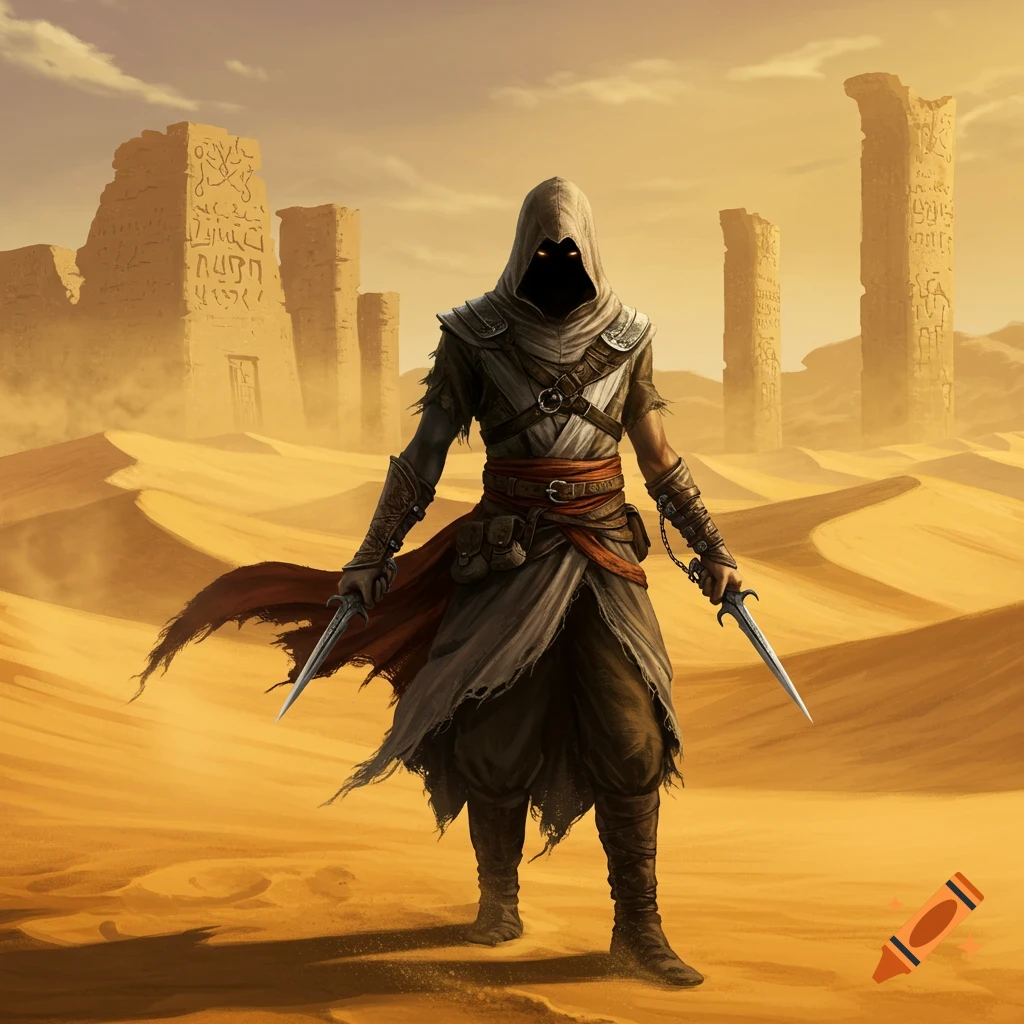 A hooded assassin with two daggers stands in a vast desert with ancient ruins under a golden sky, in a fantasy art style.