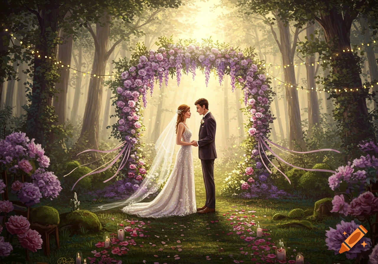 A bride and groom hold hands under a purple floral arch in a sunlit, enchanted forest with candles and rose petals.