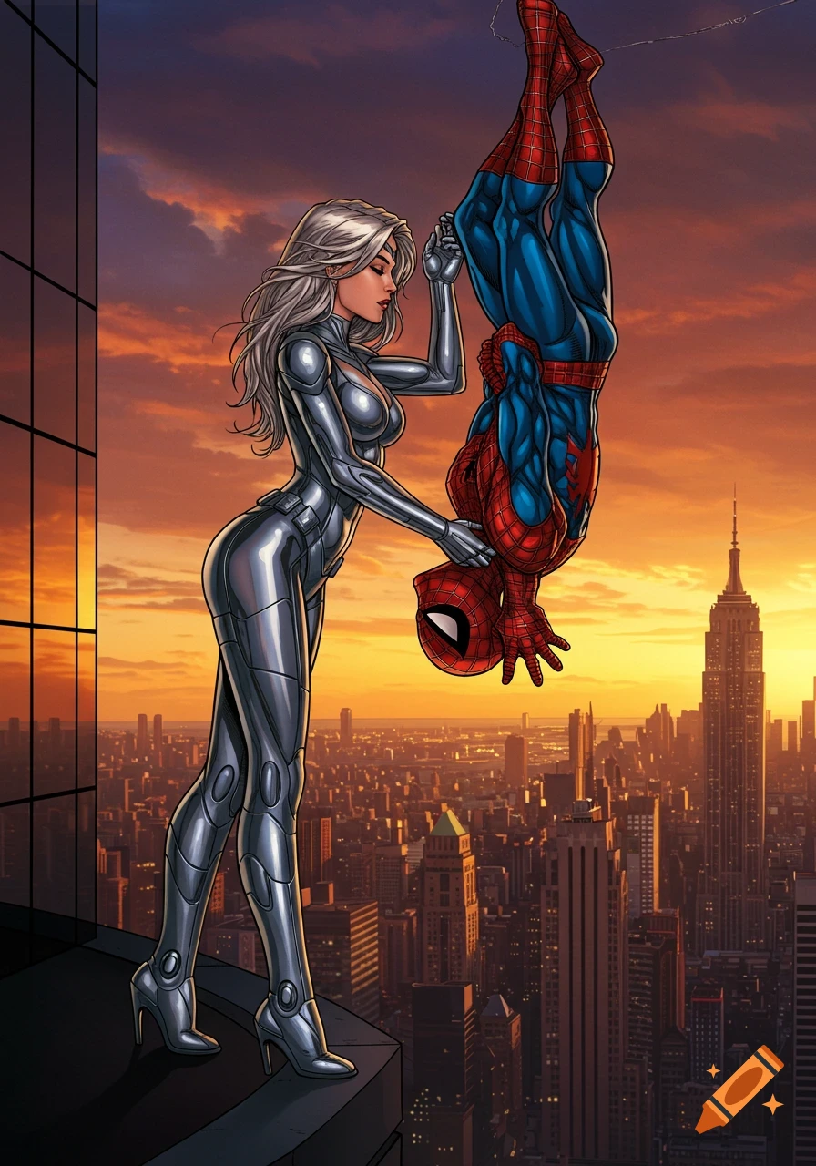 Silver Sable in a metallic suit stands on a skyscraper ledge, reaching for an upside-down Spider-Man against a city sunset in comic art style.