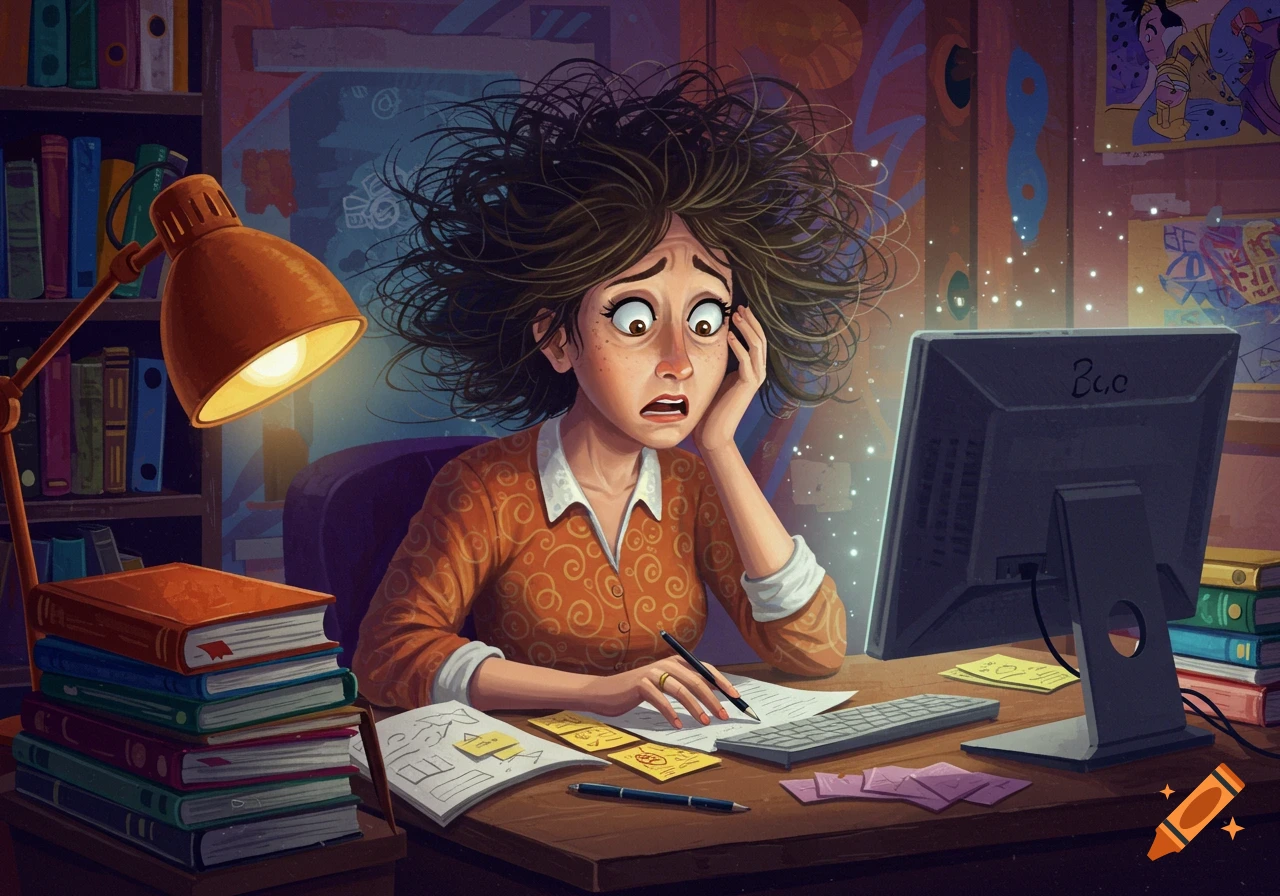 A cartoon illustration of a disheveled, stressed woman with messy hair sitting at a desk with a computer, books, and papers.