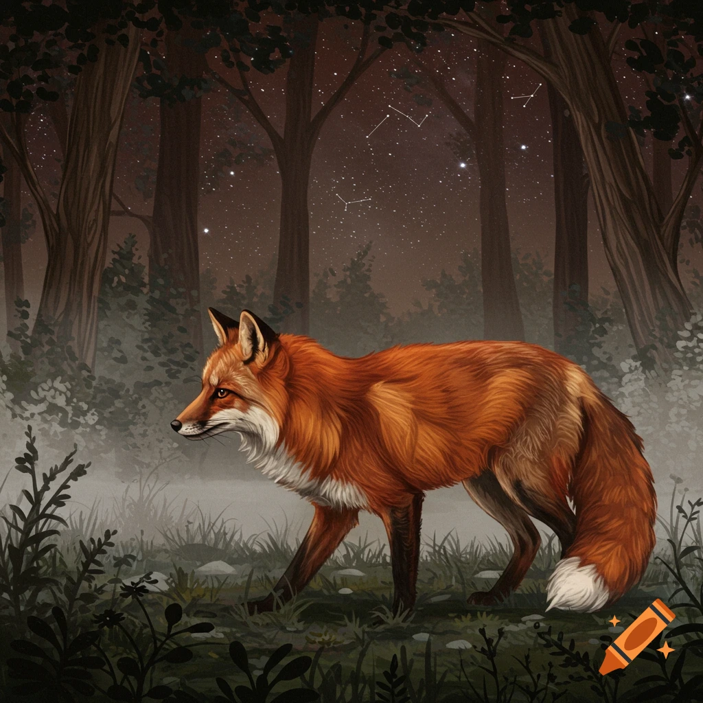 A red fox walks through a dark, misty forest at night under a starry sky in an illustrative style.