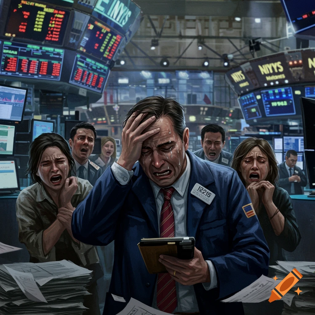 People crying and panicking on a chaotic stock market trading floor with red numbers on screens, illustrating a financial crash.