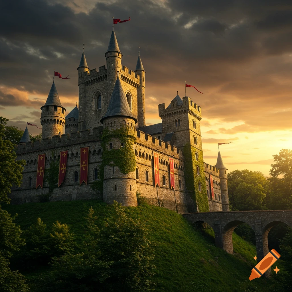 A majestic medieval castle with spires and red banners on a grassy hill, bathed in the golden light of a sunset under dramatic clouds.