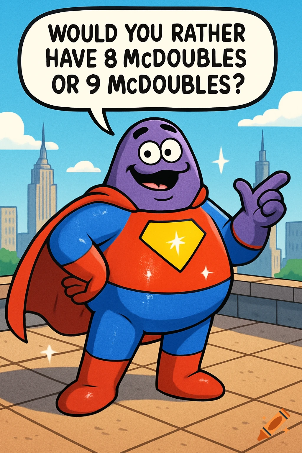 A cartoon purple superhero resembling Grimace, in a red and blue suit, asks 'Would you rather have 8 McDoubles or 9 McDoubles?' on a city rooftop.