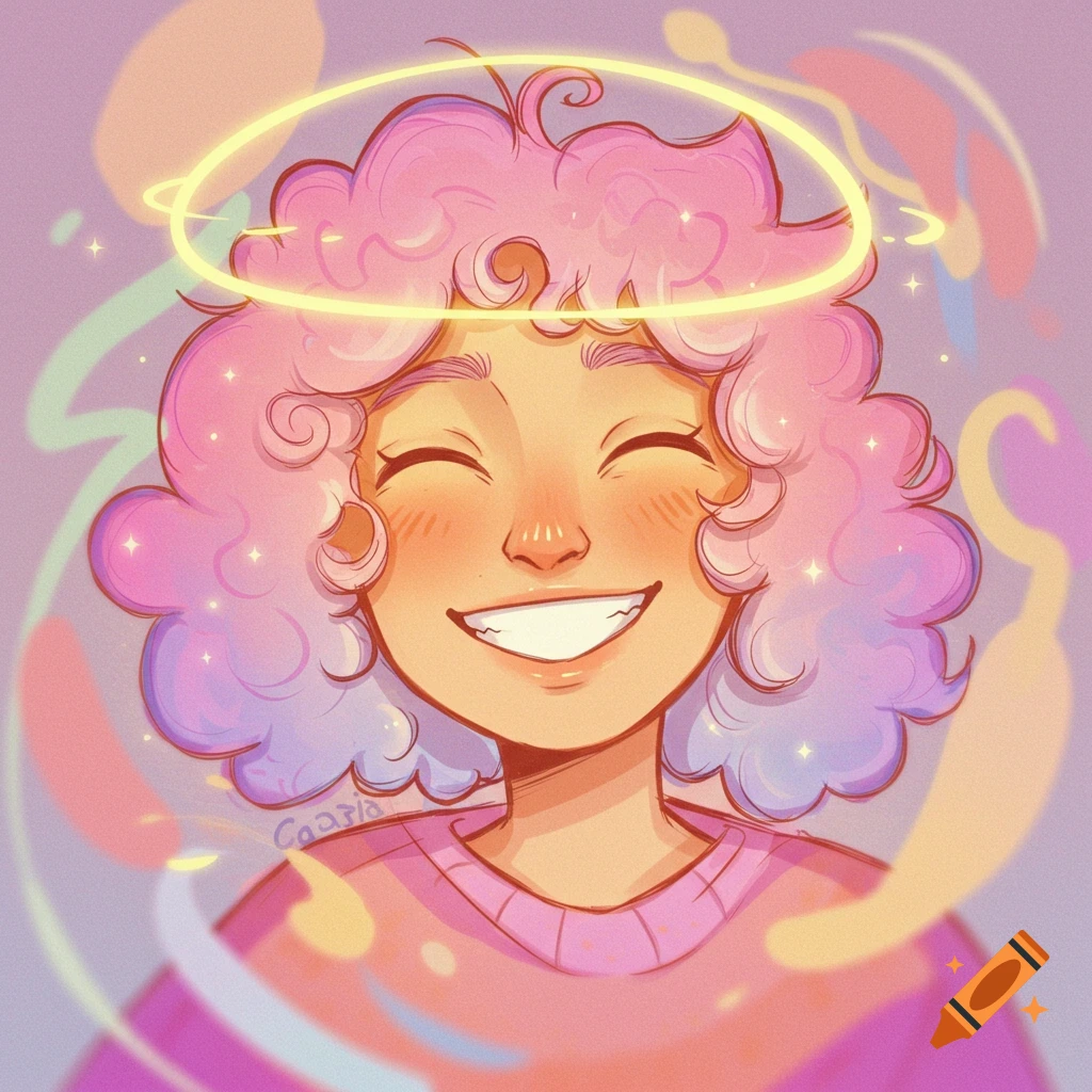 A cartoon character with pink and purple curly hair, a glowing halo, and a wide, happy smile against a colorful, dreamy background.