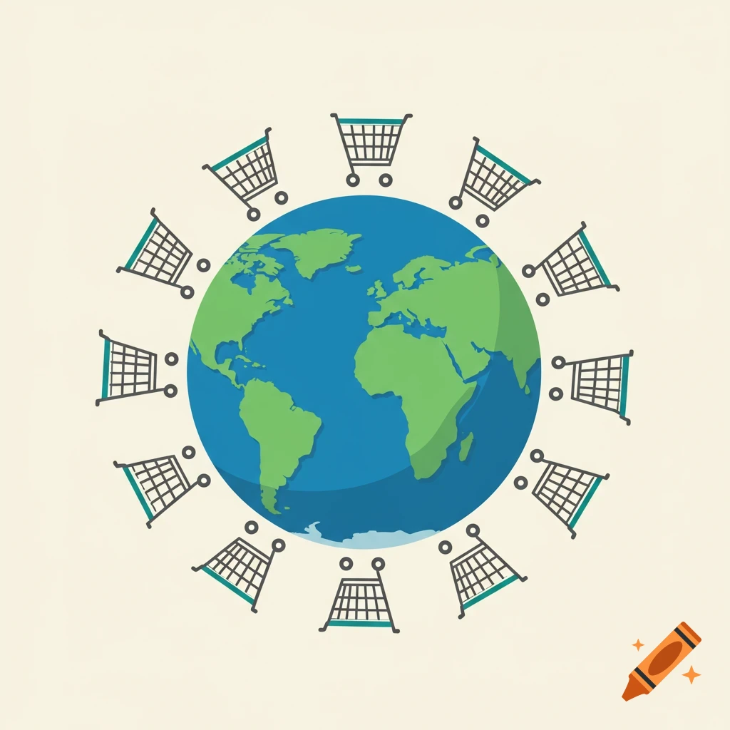An illustration of a blue and green globe with twelve shopping carts circling it on a light background.
