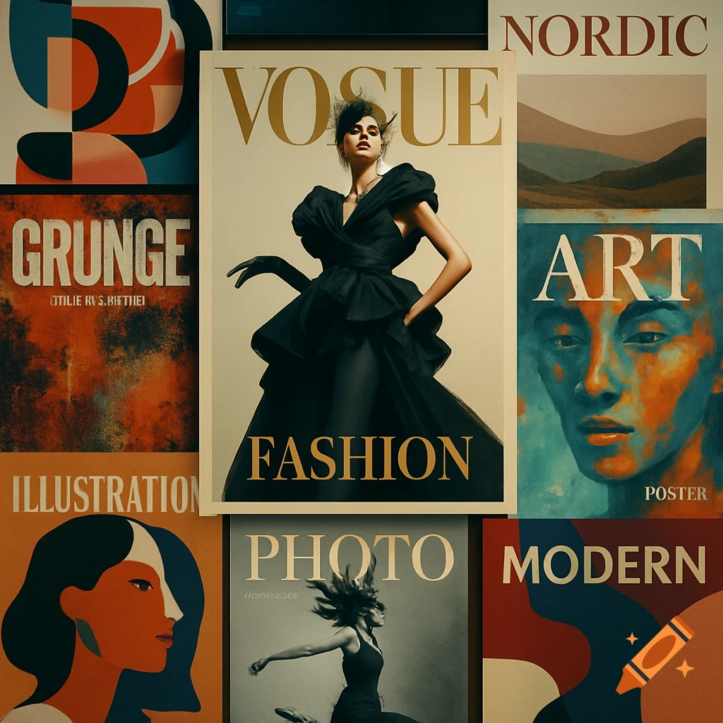 A collage of stylized magazine covers, including one titled 'VOGUE FASHION' featuring a woman in a black ruffled dress, and others with titles like 'GRUNGE', 'ILLUSTRATION', 'PHOTO', 'ART', 'NORDIC', and 'MODERN'.