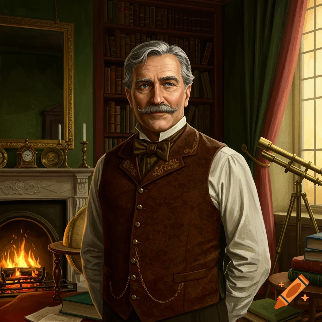 A distinguished older man with a mustache, wearing a brown vest and bow tie, stands in a richly decorated study with a fireplace and bookshelves.