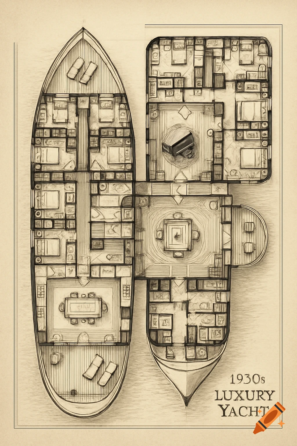 Detailed overhead pencil sketch of a 1930s luxury yacht floor plan, showing rooms and decks, with text "1930s LUXURY YACHT"