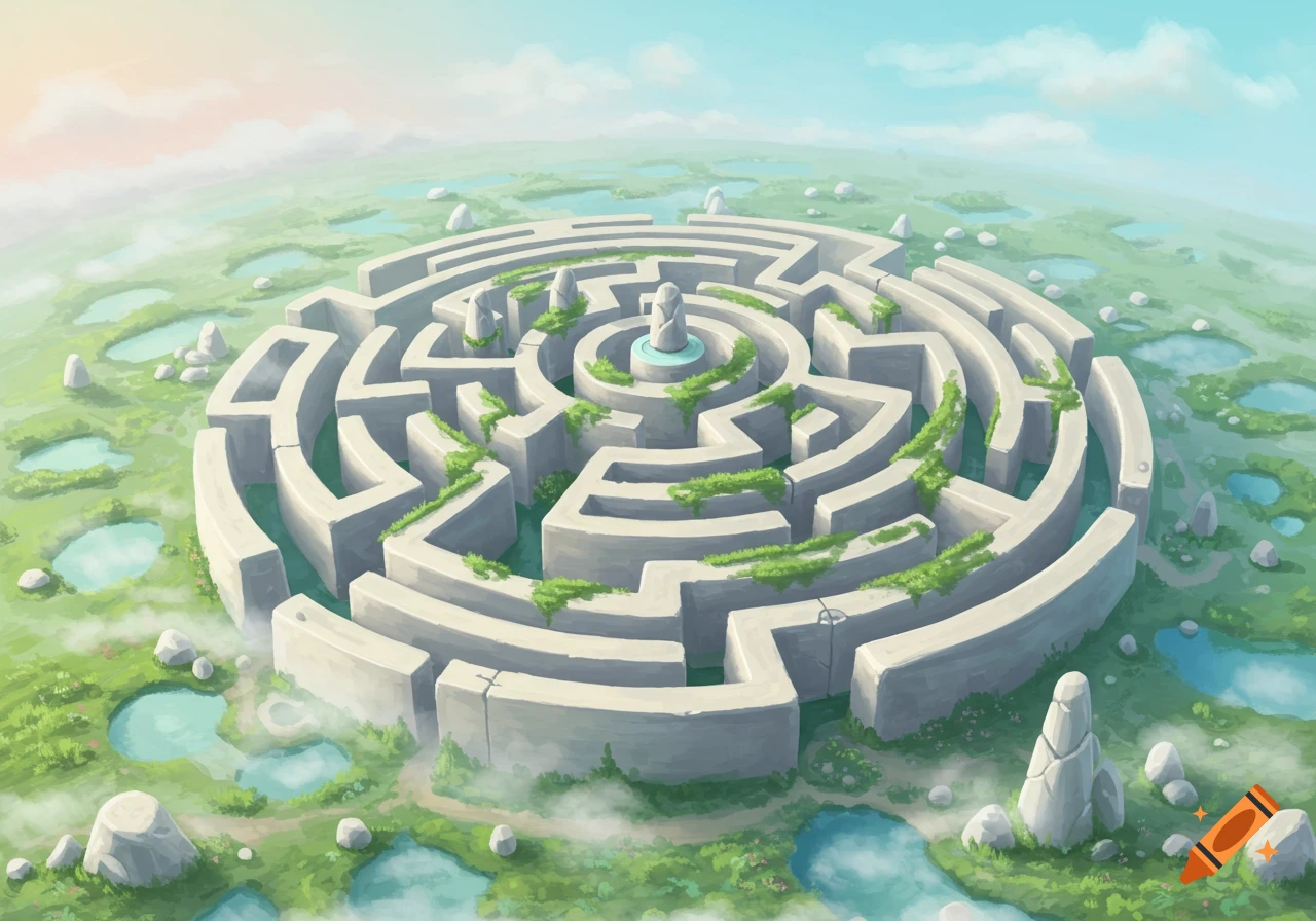 A stylized, aerial view of a circular stone maze covered in moss, surrounded by green fields, ponds, and rocks under a pastel sky.