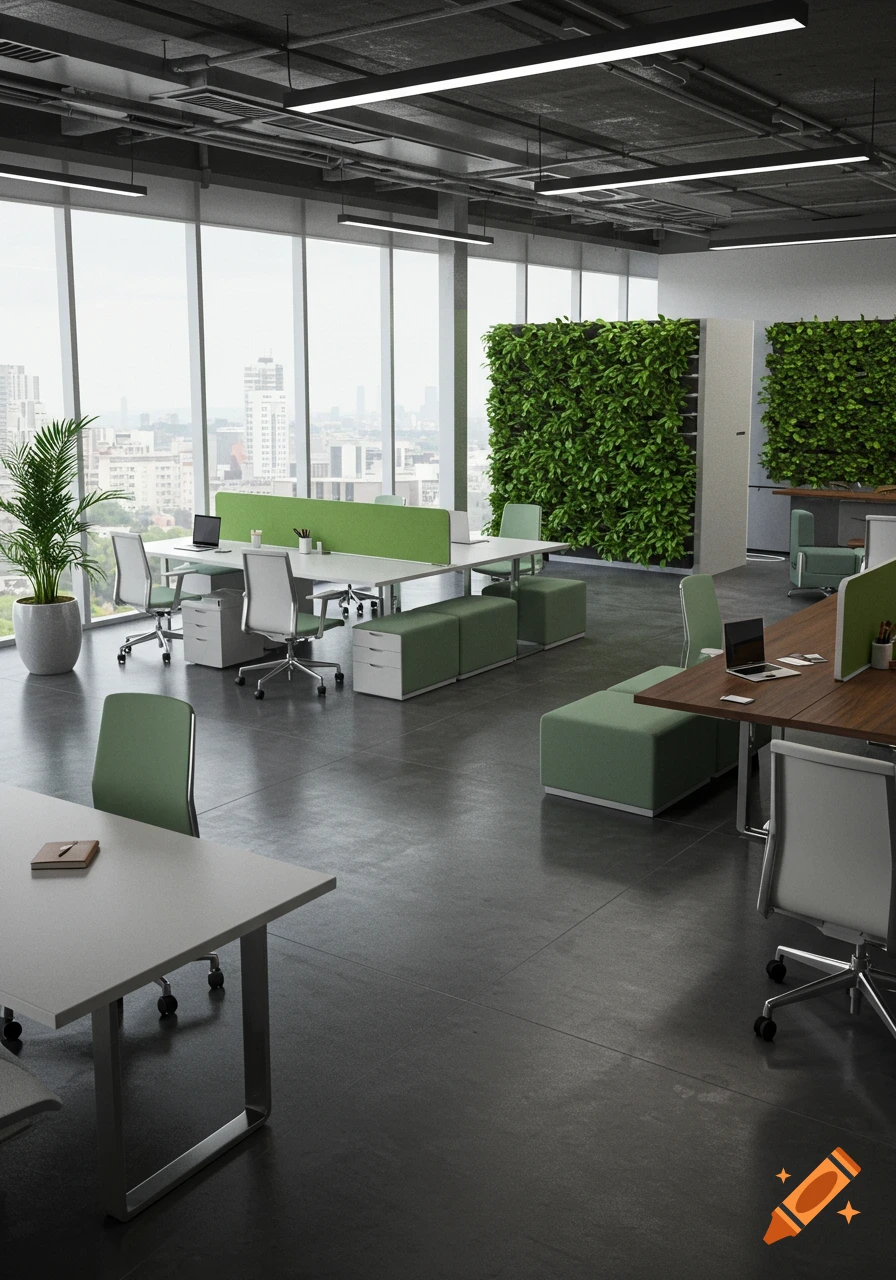 A modern open-plan office with green accents, large windows, and living plant walls.