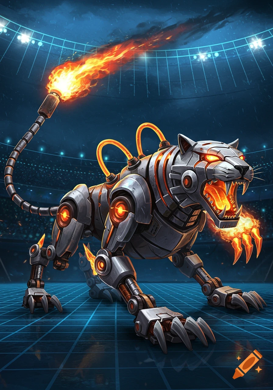 A grey robotic tiger with glowing orange accents, fire breathing, and ...