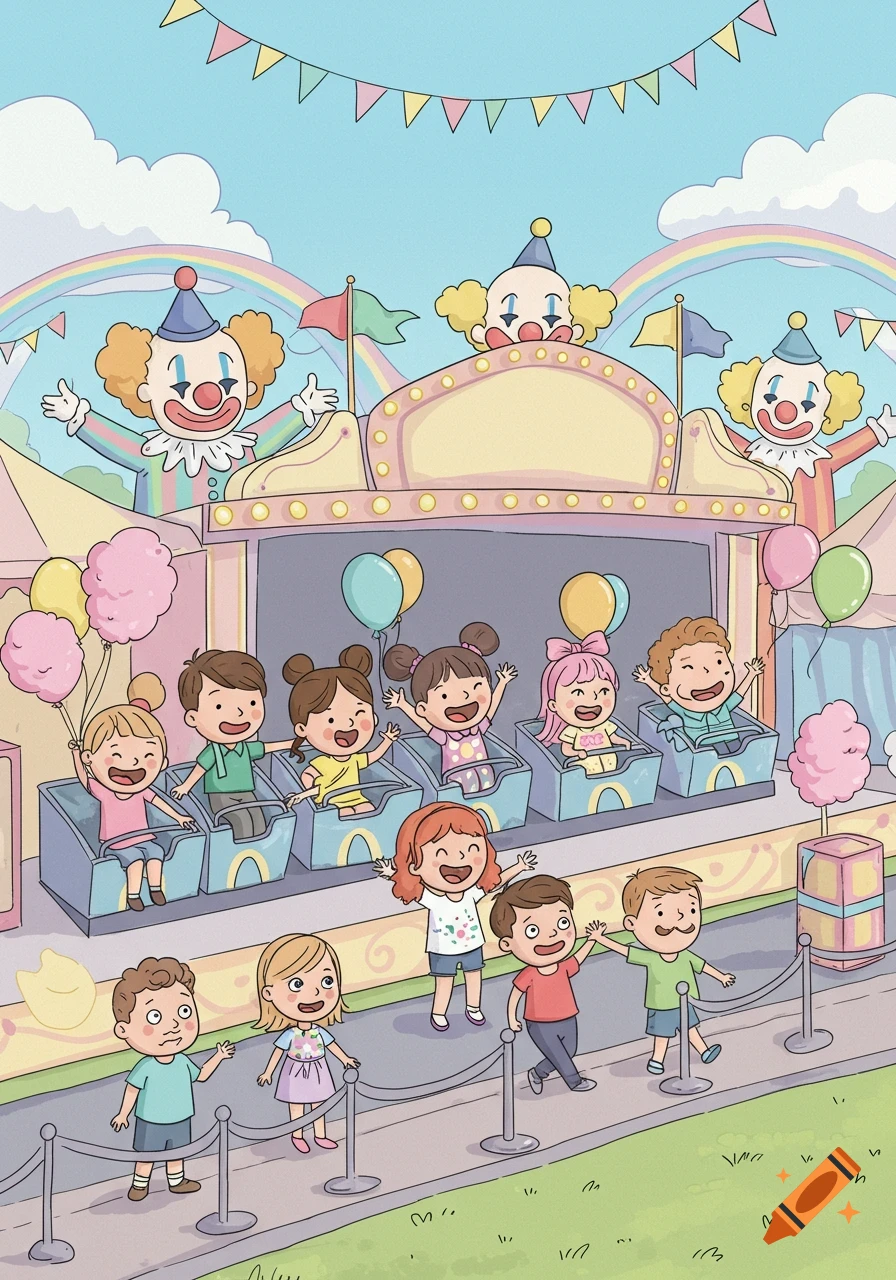 A colorful cartoon of children riding an amusement park ride, with clowns and banners in the background.