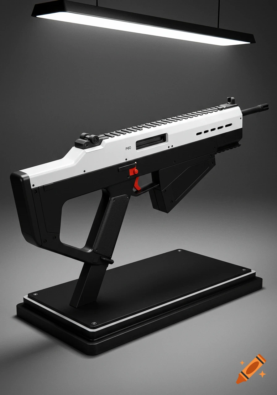 A sleek white and black P90 submachine gun on a black display stand, illuminated by a ceiling light.
