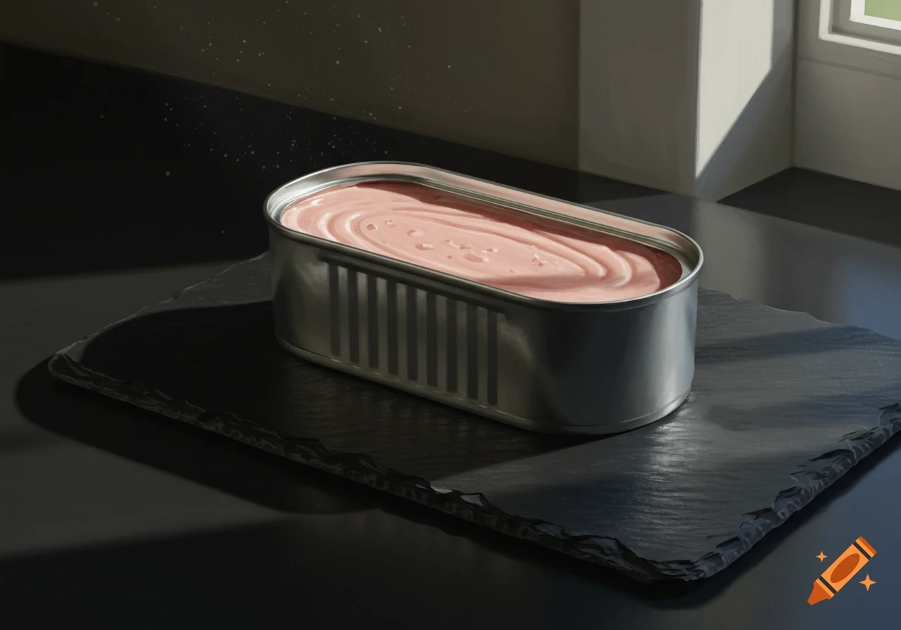 A can of pink Leberkäse with swirled texture on a black slate plate, illuminated by window light.