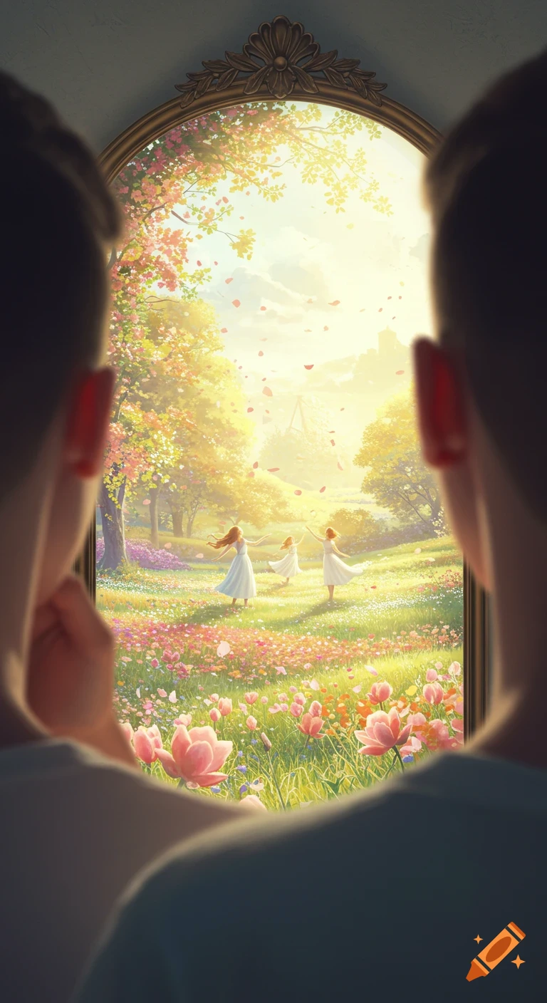 Person looks into a mirror reflecting a sunlit, dreamlike meadow with three women dancing amidst flowers and trees.