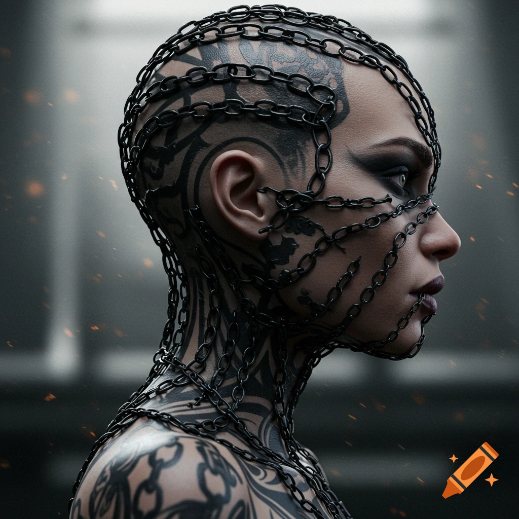 Close-up profile of a woman with her head, face, and neck covered in black chain tattoos and actual chains.