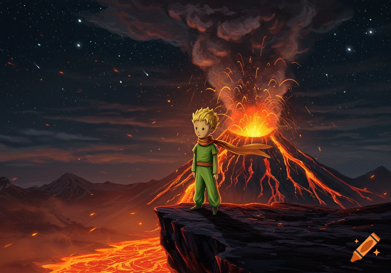 The Little Prince stands on a cliff overlooking a fiery, erupting volcano with rivers of lava and a star-filled night sky.