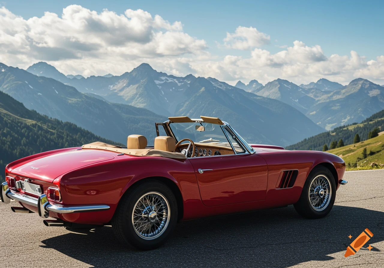 A photorealistic image of a classic red convertible car parked on a mountain road, with a vast mountain range under a partly cloudy sky.